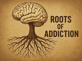 Illustration of the roots of addiction showing how trauma, genetics, and environment influence the brain