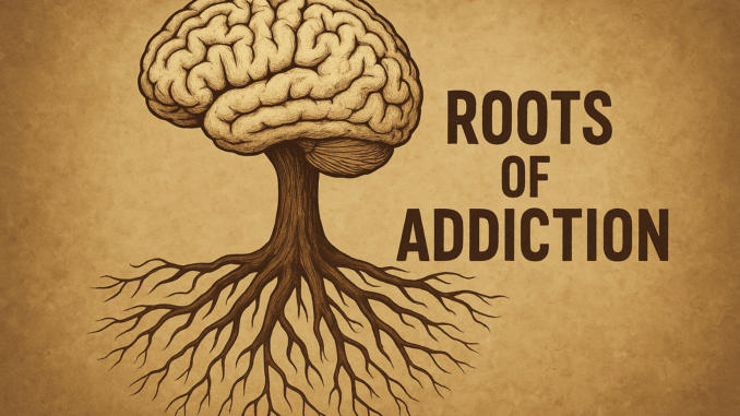 image of brain with roots Illustration of the roots of addiction showing how trauma, genetics, and environment influence the brain